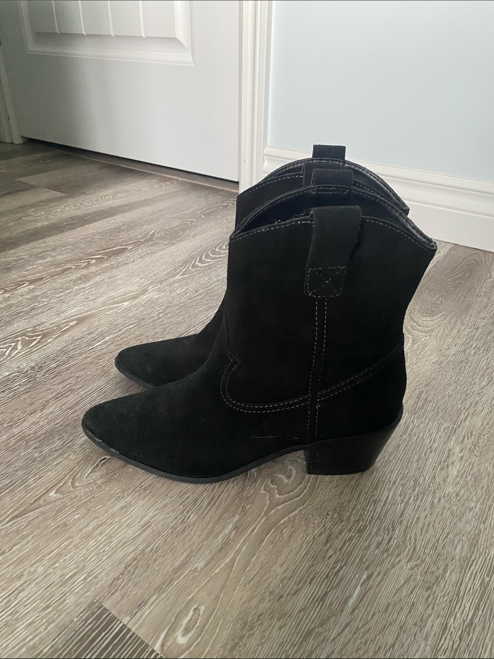Black Suede Western-Style Ankle Booties for Women